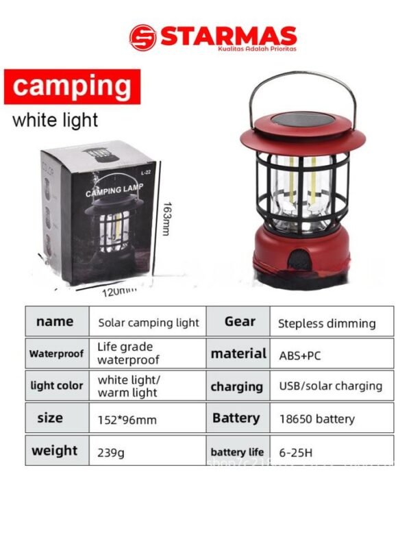 STARMAS Lampu Camping Tenaga Matahari Body Besar + Rechargable + Charger Handphone USB-C Retro 3 COB Cahaya Putih Starmas - Gambar 5