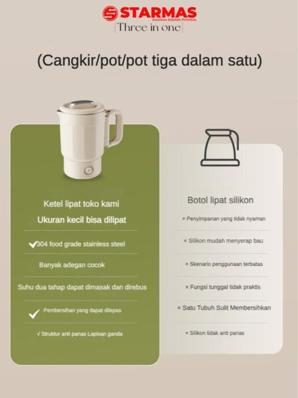 STARMAS Teko Lipat Listrik Portabel / kettle electric  800 ML travel camping foldable portable lipat portabel 304  multi fungsi (teko, hotpot, masak mie) - Gambar 4