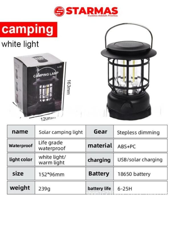 STARMAS Lampu Camping Tenaga Matahari Body Besar + Rechargable + Charger Handphone USB-C Retro 3 COB Cahaya Putih Starmas - Gambar 4