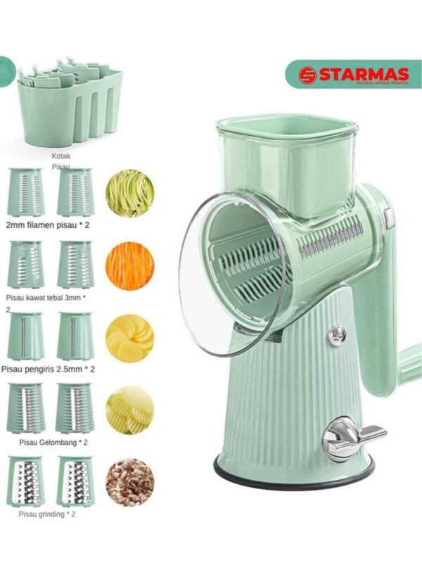 STARMAS Parutan Pengiris Pemotong Putar Buah Sayur dan Bawang Manual  5 Pisau 1 Handel Anti Slip Kualitas Premium Serbaguna Alat Dapur Multifungsi Kitchenware Sayuran Peralatan Plastik