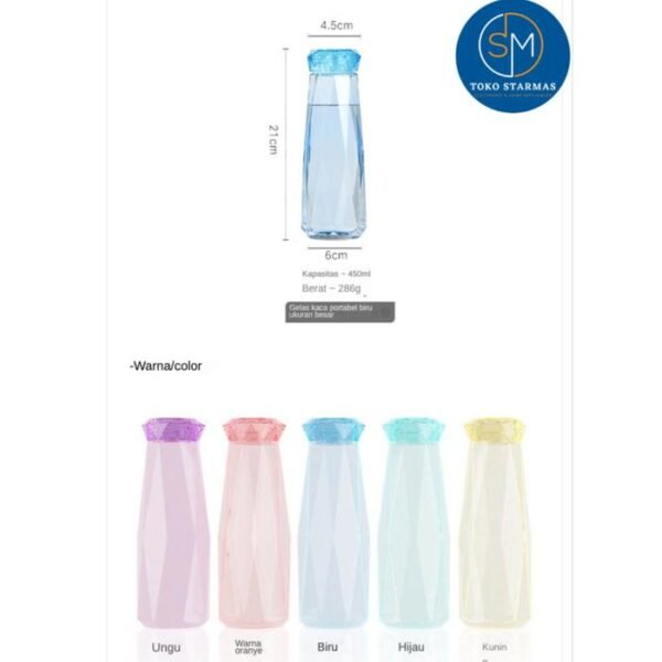 Botol Air Minum Kaca Crystal 450 ML Beraneka Warna 100% Original Biru Kuning Bottles Water Plastik Putih - Gambar 5