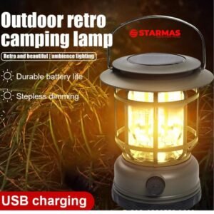 STARMAS Lampu Camping Tenaga Matahari Body Besar + Rechargable + Charger Handphone USB-C Retro 3 COB Cahaya Putih Starmas