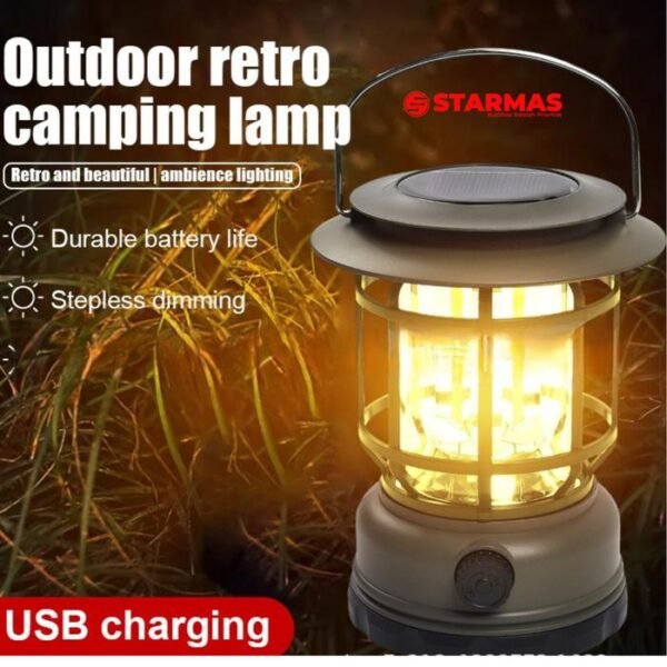 STARMAS Lampu Camping Tenaga Matahari Body Besar + Rechargable + Charger Handphone USB-C Retro 3 COB Cahaya Putih Starmas