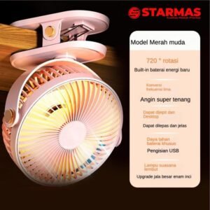 STARMAS Klip Desktop 2-in-1 USB Kipas Kecil Isi Ulang Kipas Angin Berputar Mini dengan Lampu Malam Senyap Portabel Siswa Kantor