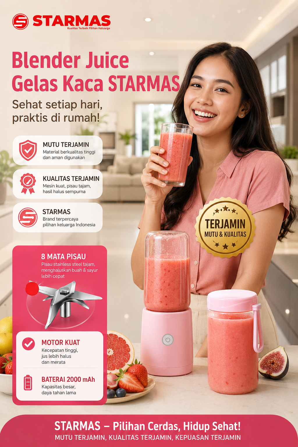 STARMAS Juicer Portable Blender Portable 2 Gelas kaca 8 Mata Pisau Starmas Minuman Stainless nutribullet Baterai Peralatan