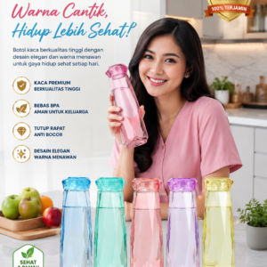 Botol Air Minum Kaca Crystal 450 ML Beraneka Warna 100% Original Biru Kuning Bottles Water Plastik Putih