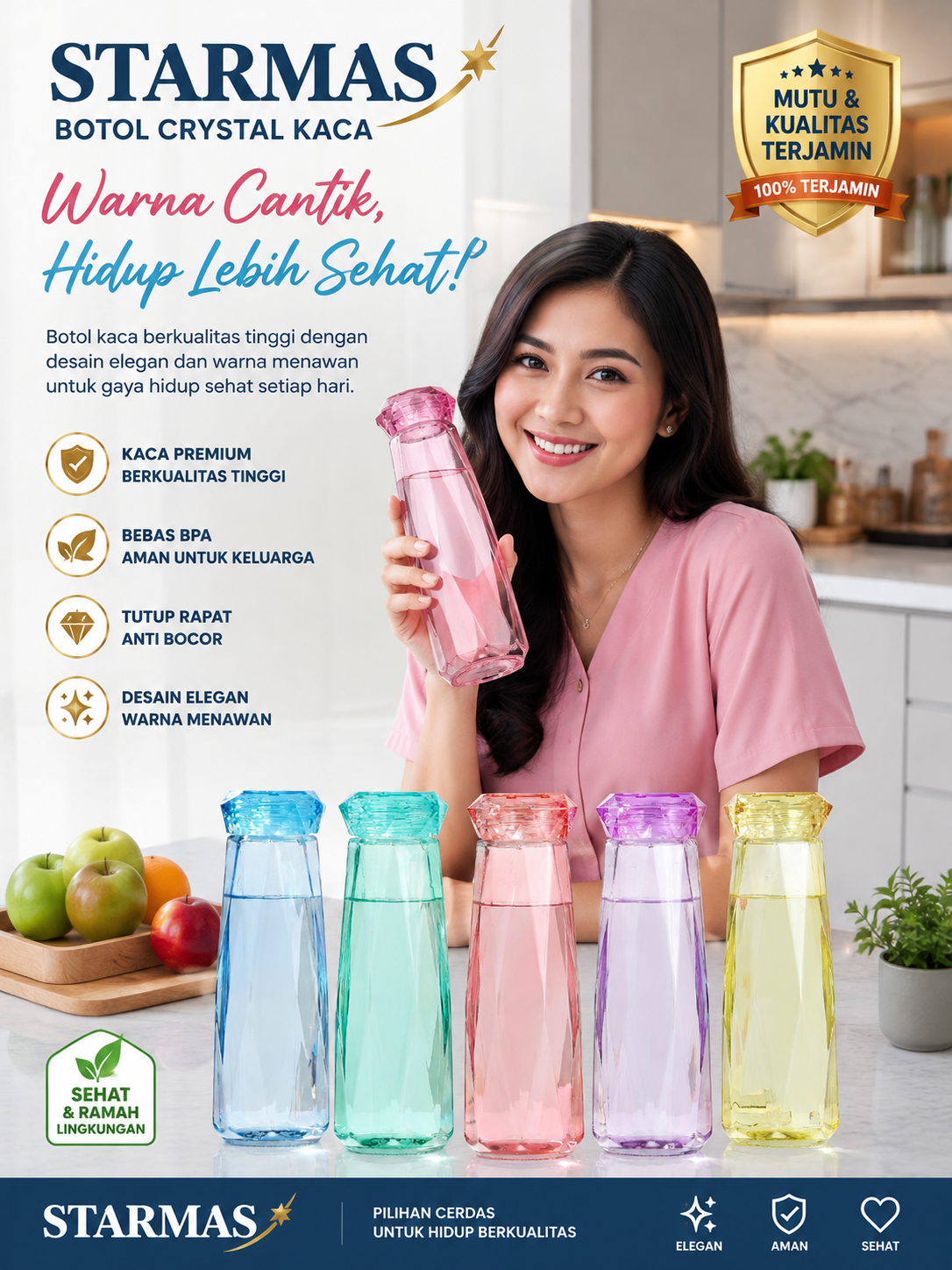 Botol Air Minum Kaca Crystal 450 ML Beraneka Warna 100% Original Biru Kuning Bottles Water Plastik Putih