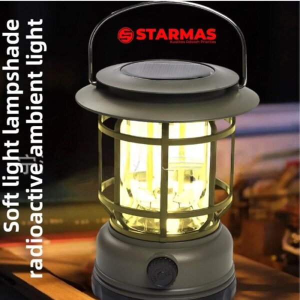 STARMAS Lampu Camping Tenaga Matahari Body Besar + Rechargable + Charger Handphone USB-C Retro 3 COB Cahaya Putih Starmas - Gambar 2