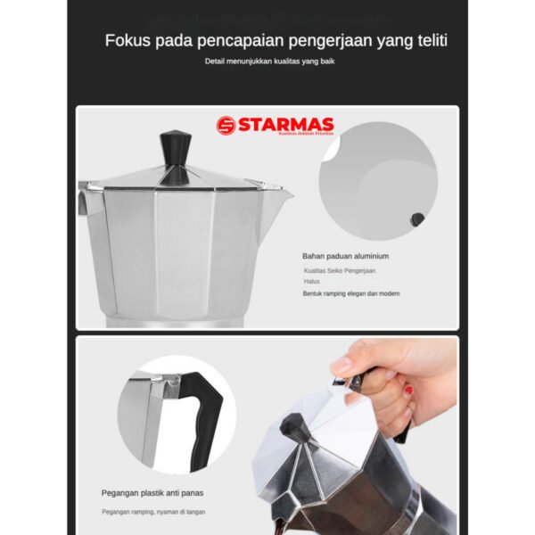 STARMAS LITE MOKA POT 2 / 3 / 6/ 9/ 12 CUPS COFFEE ESPRESSO MAKER 100 ML 150ML 300ML 450ML 600ML  ALUMINIUM - Gambar 5