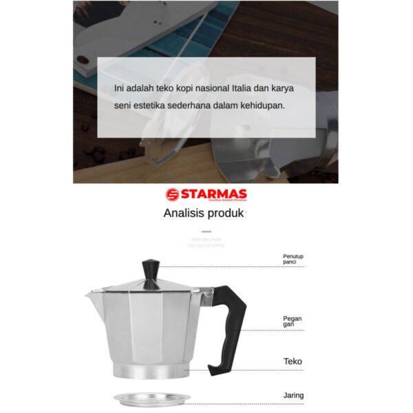 STARMAS LITE MOKA POT 2 / 3 / 6/ 9/ 12 CUPS COFFEE ESPRESSO MAKER 100 ML 150ML 300ML 450ML 600ML  ALUMINIUM - Gambar 3