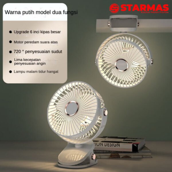 STARMAS Klip Desktop 2-in-1 USB Kipas Kecil Isi Ulang Kipas Angin Berputar Mini dengan Lampu Malam Senyap Portabel Siswa Kantor - Gambar 3