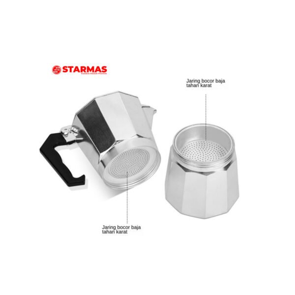 STARMAS LITE MOKA POT 2 / 3 / 6/ 9/ 12 CUPS COFFEE ESPRESSO MAKER 100 ML 150ML 300ML 450ML 600ML  ALUMINIUM - Gambar 7