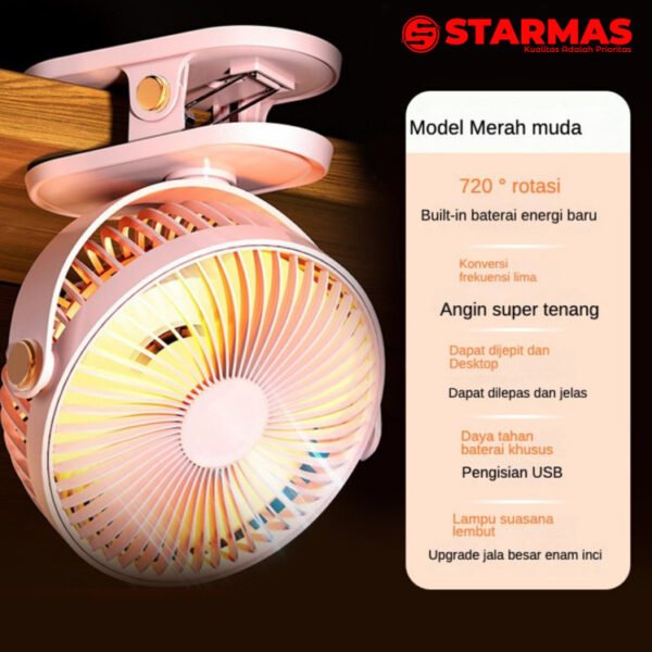 STARMAS Klip Desktop 2-in-1 USB Kipas Kecil Isi Ulang Kipas Angin Berputar Mini dengan Lampu Malam Senyap Portabel Siswa Kantor - Gambar 2