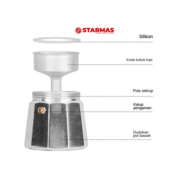STARMAS LITE MOKA POT 2 / 3 / 6/ 9/ 12 CUPS COFFEE ESPRESSO MAKER 100 ML 150ML 300ML 450ML 600ML  ALUMINIUM - Gambar 6