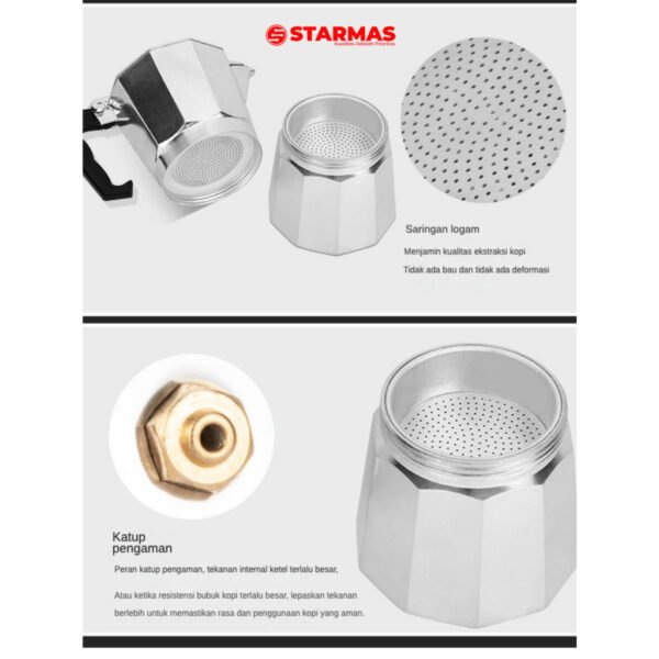 STARMAS LITE MOKA POT 2 / 3 / 6/ 9/ 12 CUPS COFFEE ESPRESSO MAKER 100 ML 150ML 300ML 450ML 600ML  ALUMINIUM - Gambar 8