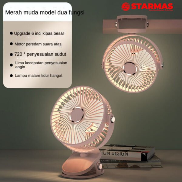 STARMAS Klip Desktop 2-in-1 USB Kipas Kecil Isi Ulang Kipas Angin Berputar Mini dengan Lampu Malam Senyap Portabel Siswa Kantor - Gambar 4