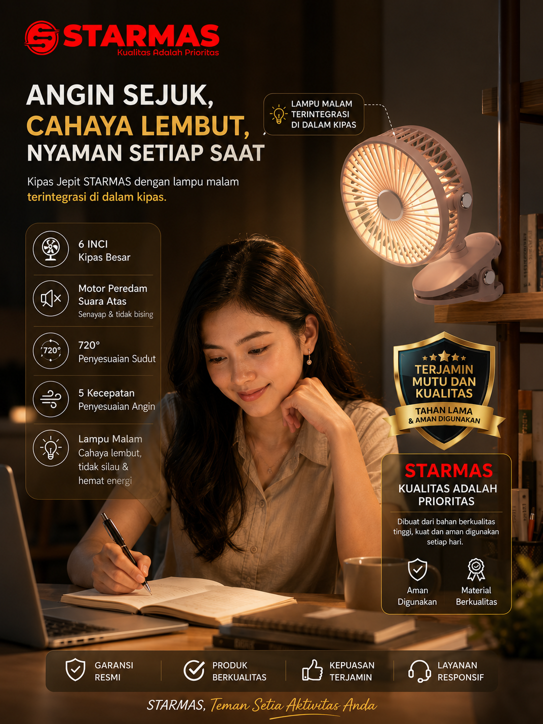 STARMAS Klip Desktop 2-in-1 USB Kipas Kecil Isi Ulang Kipas Angin Berputar Mini dengan Lampu Malam Senyap Portabel Siswa Kantor