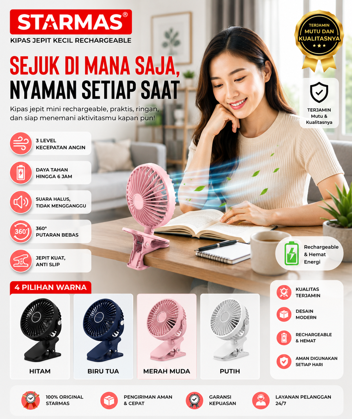 STARMAS Klip Desktop 2-in-1 USB Kipas Kecil Isi Ulang Kipas Angin Berputar Mini Portabel Siswa Kantor
