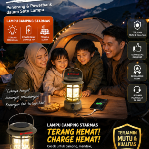 STARMAS Lampu Camping Tenaga Matahari Body Besar + Rechargable + Charger Handphone USB-C Retro 3 COB Cahaya Putih Starmas
