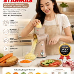 STARMAS Parutan Pengiris Pemotong Putar Buah Sayur dan Bawang Manual  5 Pisau 1 Handel Anti Slip Kualitas Premium Serbaguna Alat Dapur Multifungsi Kitchenware Sayuran Peralatan Plastik