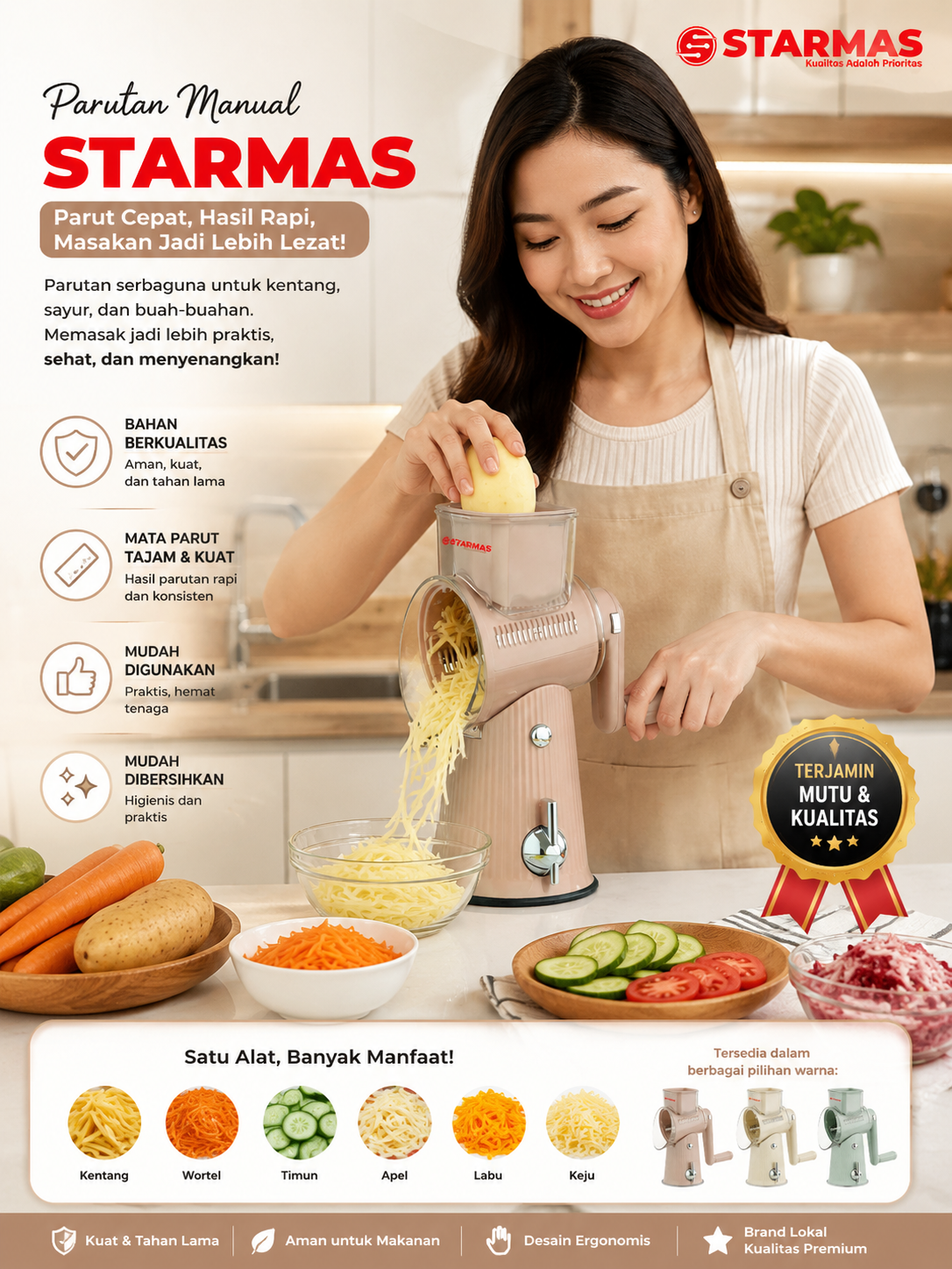 STARMAS Parutan Pengiris Pemotong Putar Buah Sayur dan Bawang Manual 5 Pisau 1 Handel Anti Slip Kualitas Premium Serbaguna Alat Dapur Multifungsi Kitchenware Sayuran Peralatan Plastik