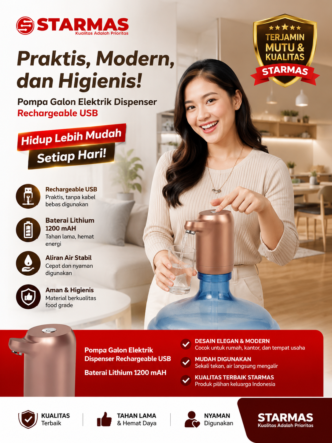STARMAS Pompa Galon Elektrik Starmas Rechargeable USB 1200 mAH 100% Original Air Kabel Water pompagalon kran untuk
