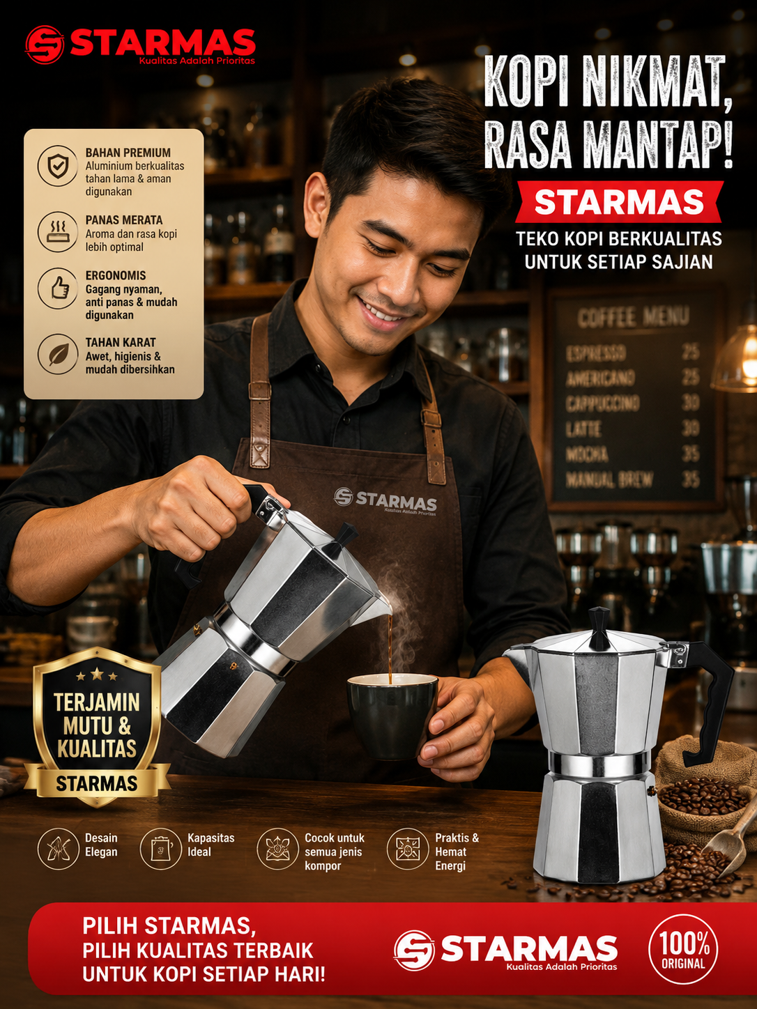STARMAS LITE MOKA POT 2 / 3 / 6/ 9/ 12 CUPS COFFEE ESPRESSO MAKER 100 ML 150ML 300ML 450ML 600ML ALUMINIUM