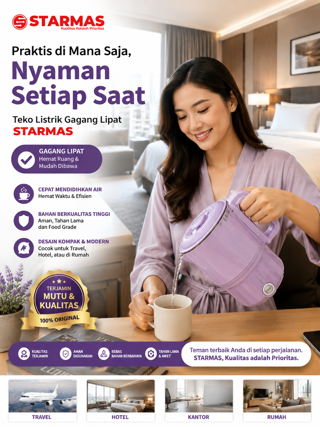 STARMAS Teko Lipat Listrik 1300 ML Portabel 304 Multi Fungsi Stainless Wadah
