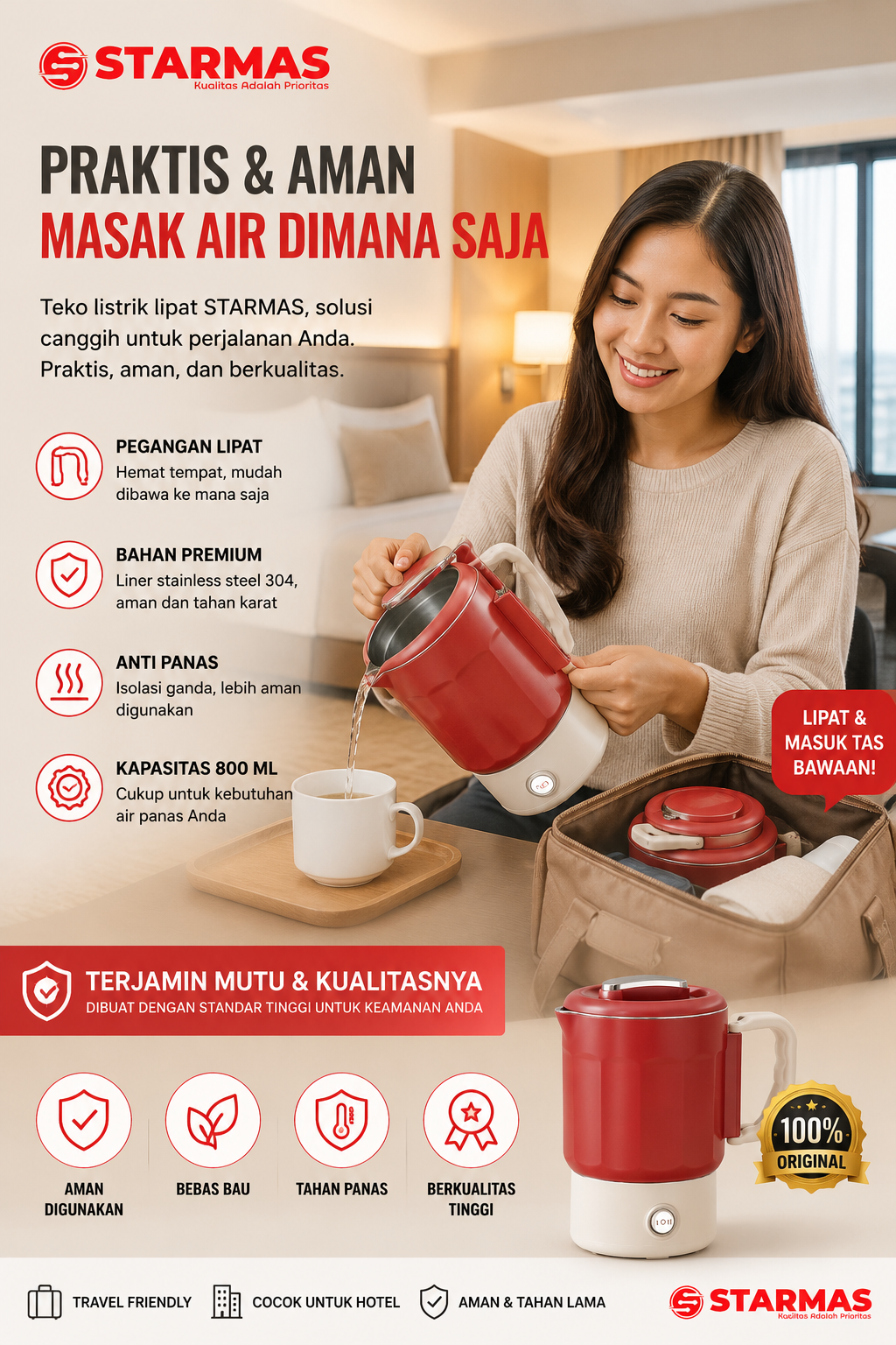 STARMAS Teko Lipat Listrik Portabel / kettle electric 800 ML travel camping foldable portable lipat portabel 304 multi fungsi (teko, hotpot, masak mie)