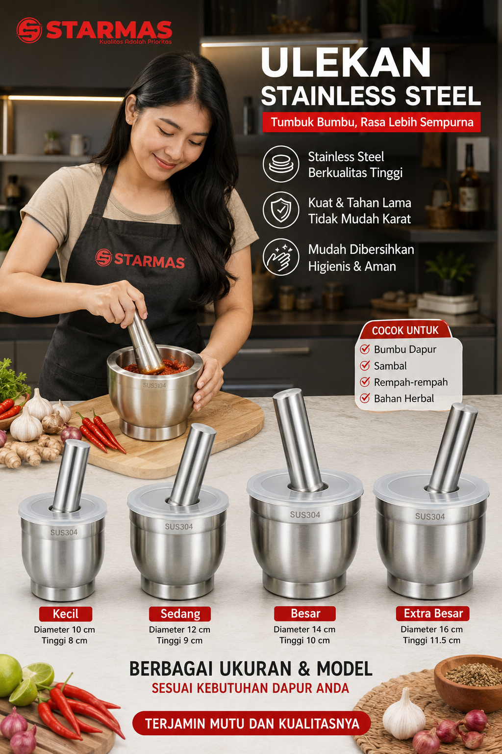STARMAS Stainless dengan Ulekan dan Tutup Alat Dapur Digunakan untuk Tumbukan Bumbu /Obat Obatan - Gambar 16