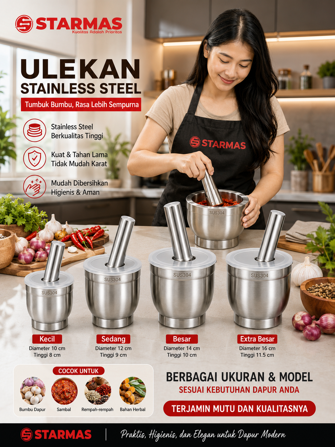 STARMAS Stainless dengan Ulekan dan Tutup Alat Dapur Digunakan untuk Tumbukan Bumbu /Obat Obatan