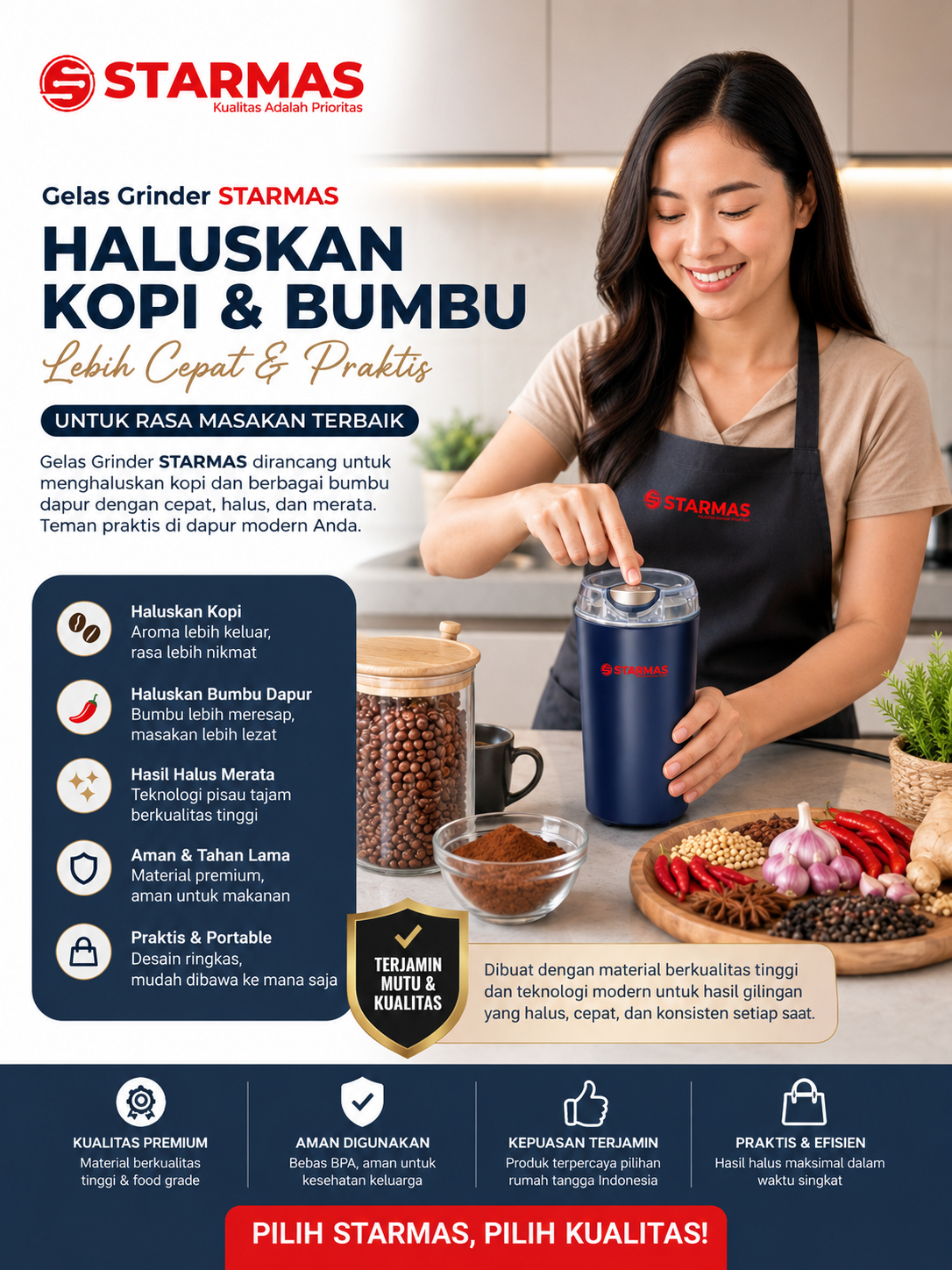 STARMAS Blender Bumbu Dapur Grinder Kopi Pisau 8 Bilah Blender Portable Mini Kecil Penggiling Kopi Multifungsi Serbaguna Chopper
