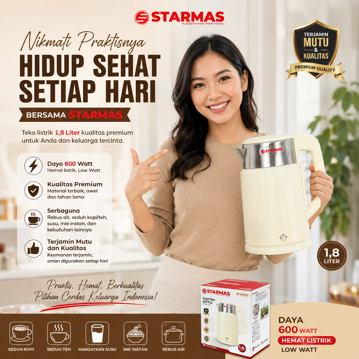 STARMAS Electric Kettle Teko Listrik 1,8 Liter 600 Watt Pemanas Air Stainless Steel Low watt