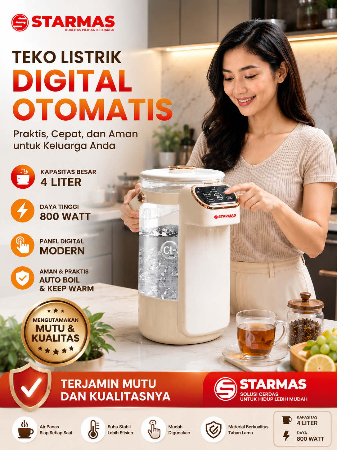 STARMAS Smart Electric Kettle/ Teko Listrik Kaca Multifungsi Kapasitas 4 L Daya 800 Watt Low Watt Pembuat Kopi dan Formula Susu Bayi
