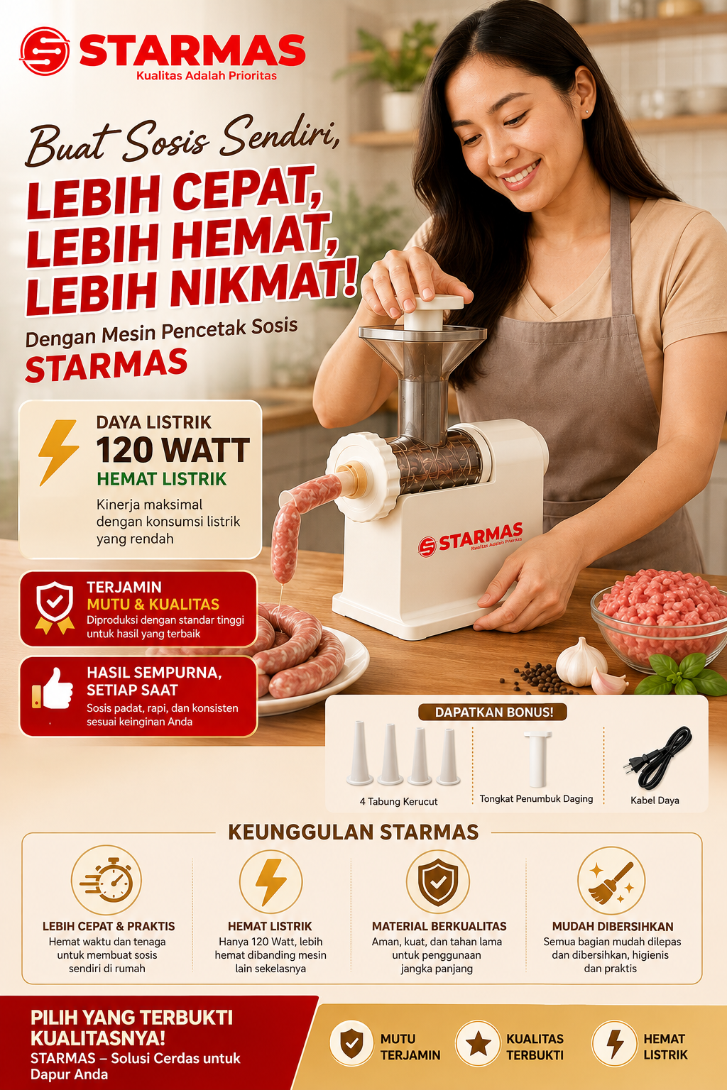 STARMAS Meat Maker Electric Mesin Cetak Daging Listrik Pencetak Daging Sosis atau Bakso Low Watt