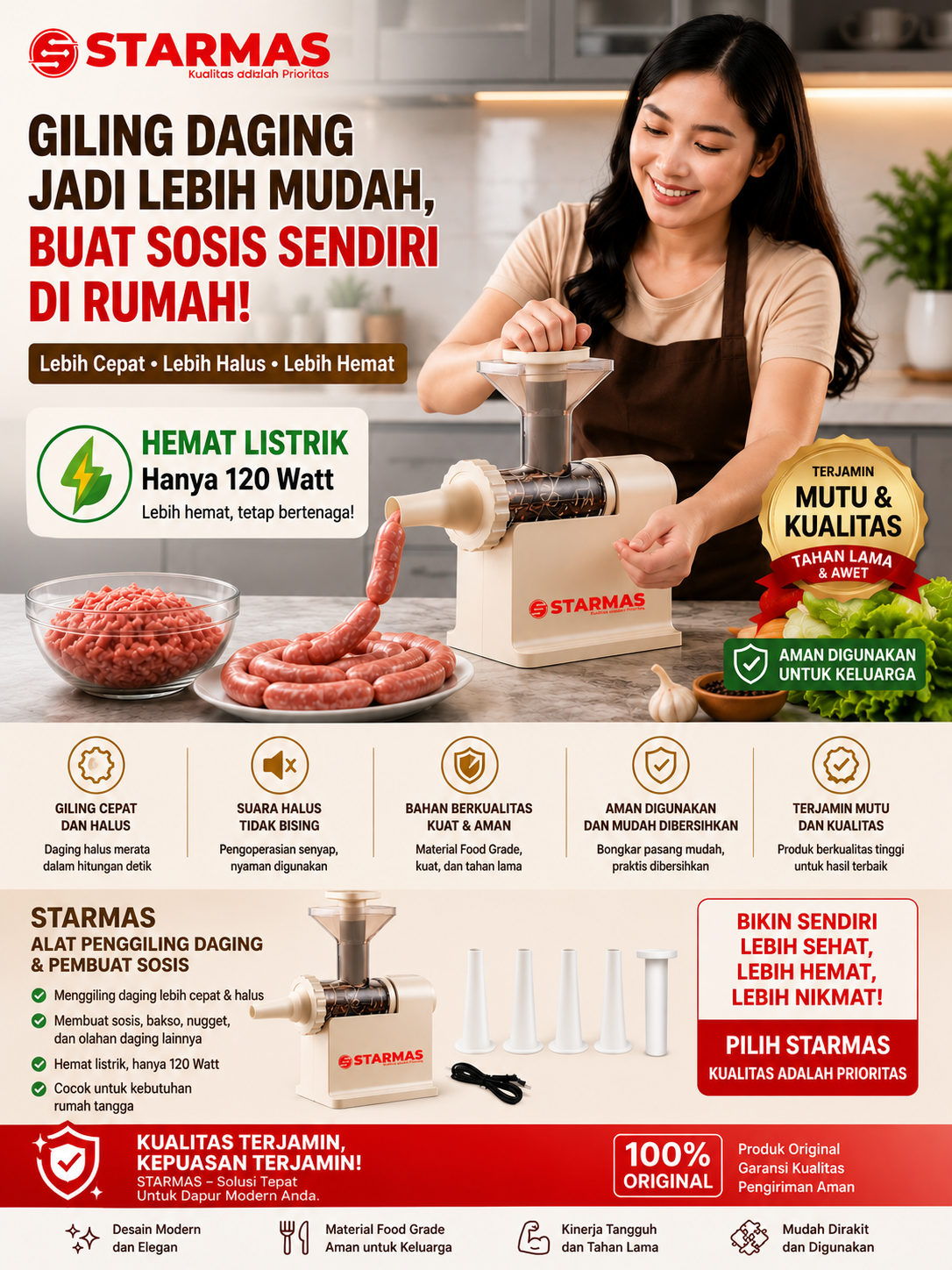 STARMAS Meat Grinder Electric Mesin Giling Daging Listrik Penggiling Daging Sosis Low Watt