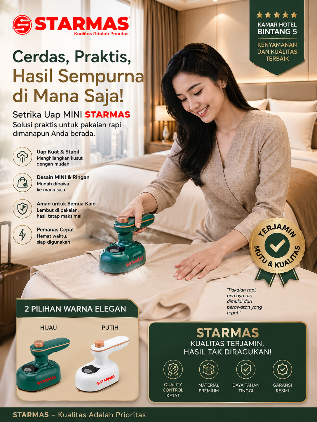 STARMAS Setrika Uap Mini Portable Iron Steam Travel Low watt New Ori STARMAS Tangki Air yang Dapat Dilepas Kabel Listrik Peralatan