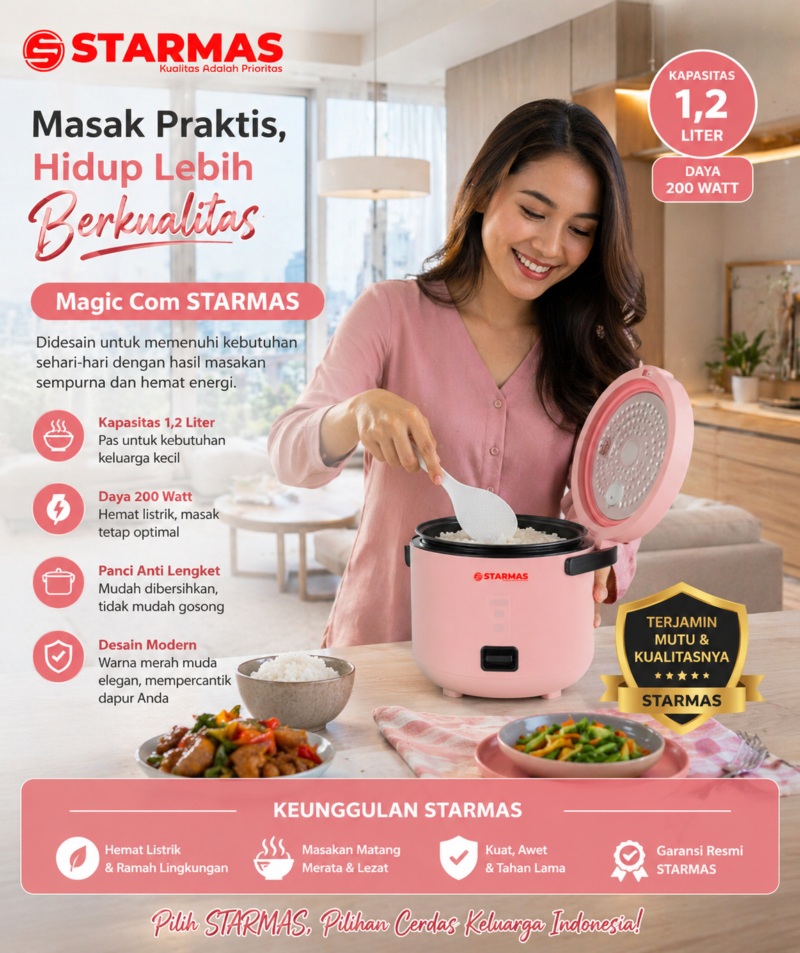 STARMAS Magic Com 1,2 Liter 200 Watt Hemat Energi Penanak Nasi Multifungsi Rice Cooker Low Watt Anti Lengket Terjamin Mutu & Kualitasnya - Gambar 9