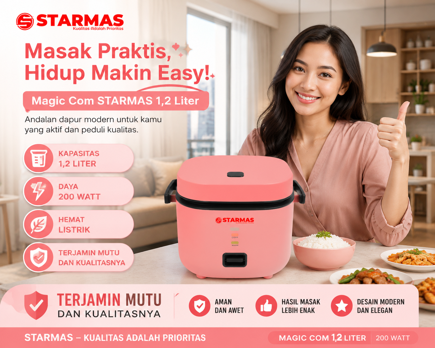 STARMAS Magic Com 1,2 Liter 200 Watt Hemat Energi Penanak Nasi Multifungsi Rice Cooker Low Watt Anti Lengket Terjamin Mutu & Kualitasnya - Gambar 8