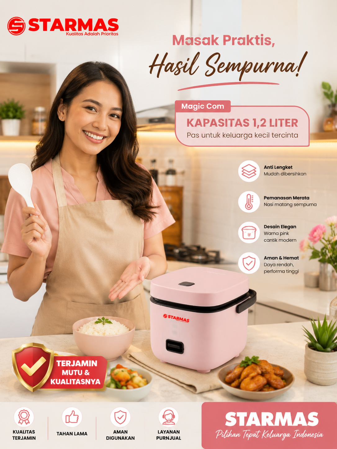 STARMAS Magic Com 1,2 Liter 200 Watt Hemat Energi Penanak Nasi Multifungsi Rice Cooker Low Watt Anti Lengket Terjamin Mutu & Kualitasnya - Gambar 3