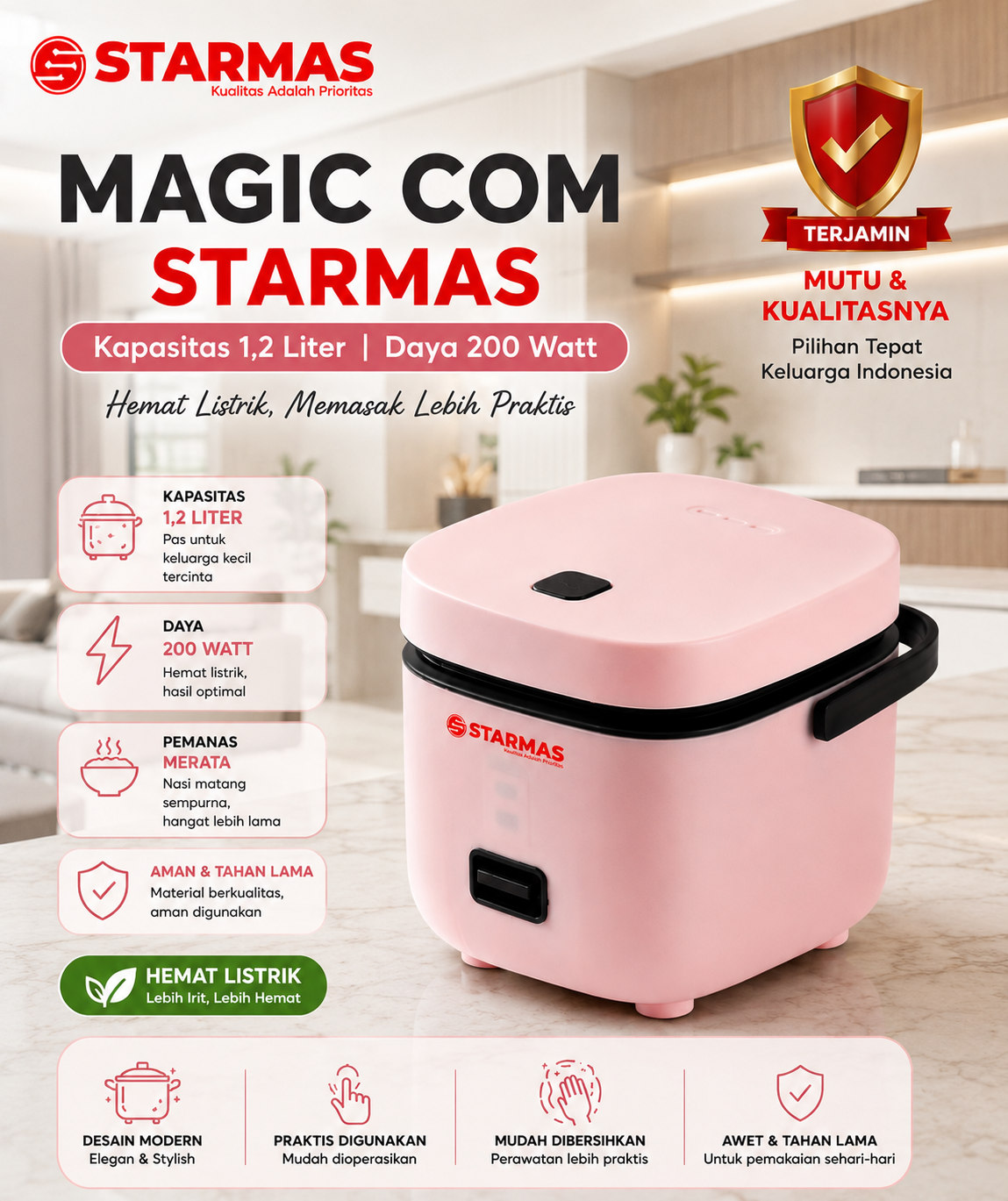 STARMAS Magic Com 1,2 Liter 200 Watt Hemat Energi Penanak Nasi Multifungsi Rice Cooker Low Watt Anti Lengket Terjamin Mutu & Kualitasnya - Gambar 4
