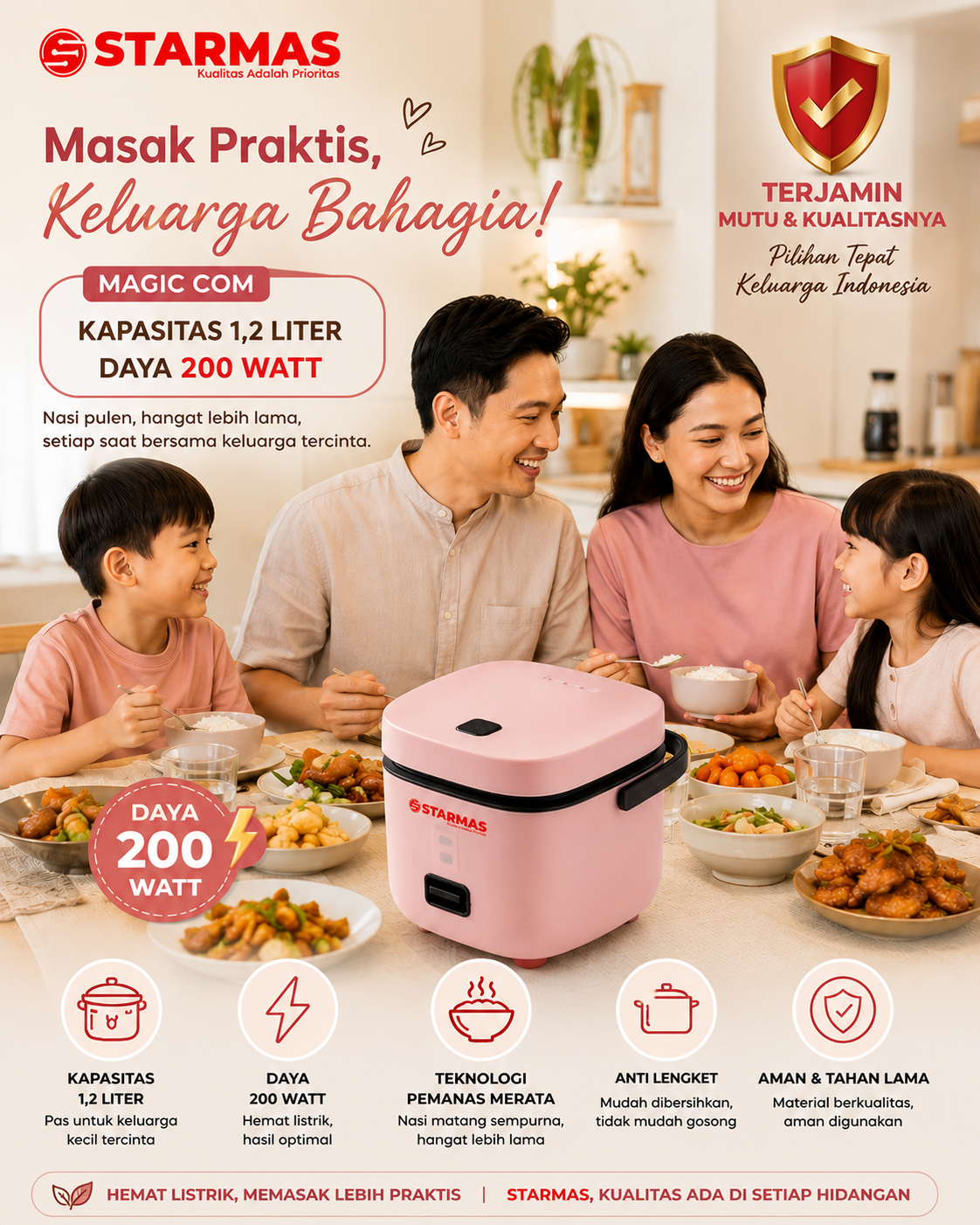 STARMAS Magic Com 1,2 Liter 200 Watt Hemat Energi Penanak Nasi Multifungsi Rice Cooker Low Watt Anti Lengket Terjamin Mutu & Kualitasnya