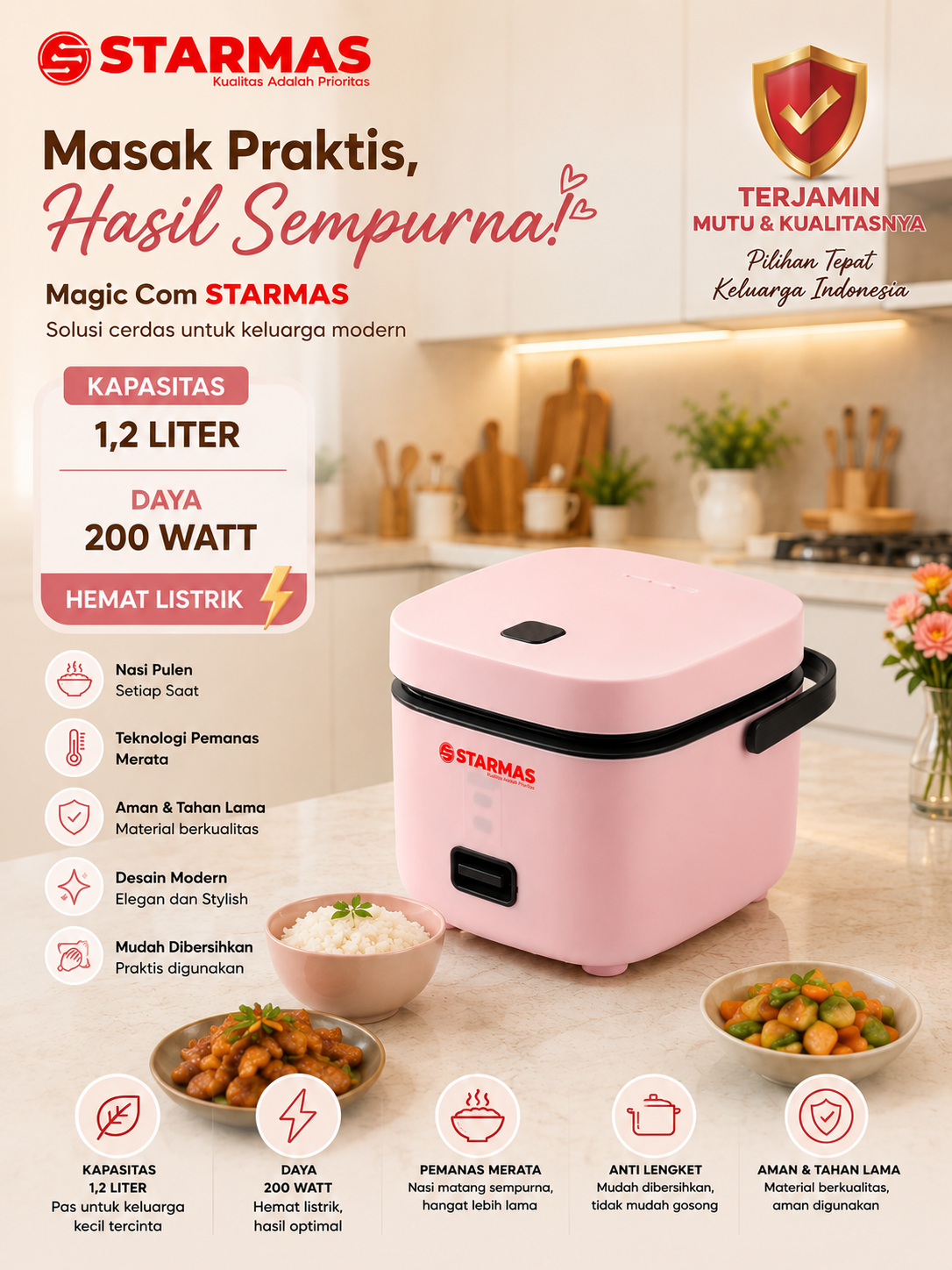 STARMAS Magic Com 1,2 Liter 200 Watt Hemat Energi Penanak Nasi Multifungsi Rice Cooker Low Watt Anti Lengket Terjamin Mutu & Kualitasnya - Gambar 5