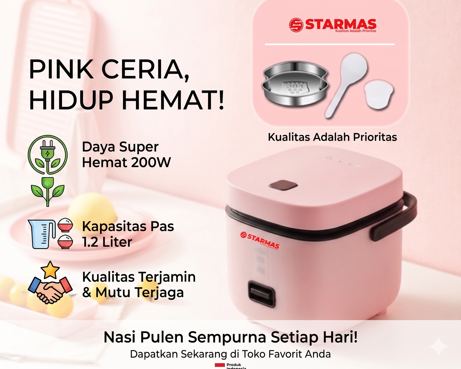 STARMAS Magic Com 1,2 Liter 200 Watt Hemat Energi Penanak Nasi Multifungsi Rice Cooker Low Watt Anti Lengket Terjamin Mutu & Kualitasnya - Gambar 6