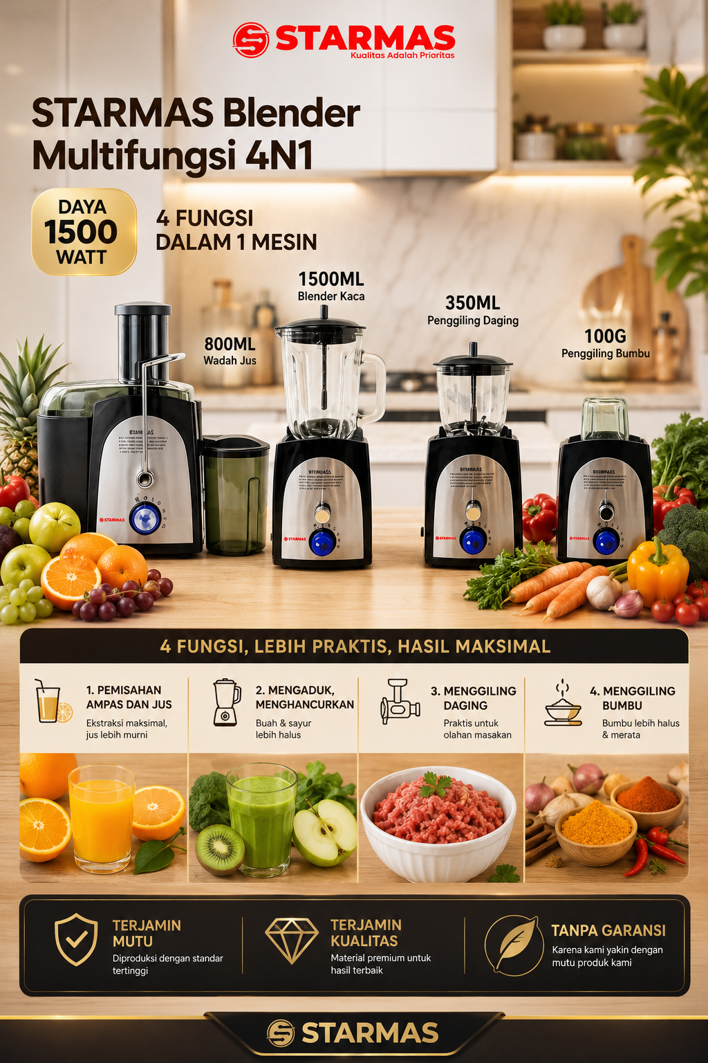 STARMAS Juice Extractor 4 in 1 Blender Chopper Besar dan Kecil Set Lengkap Bahan Gelas Kaca Serbaguna Hemat - Gambar 2