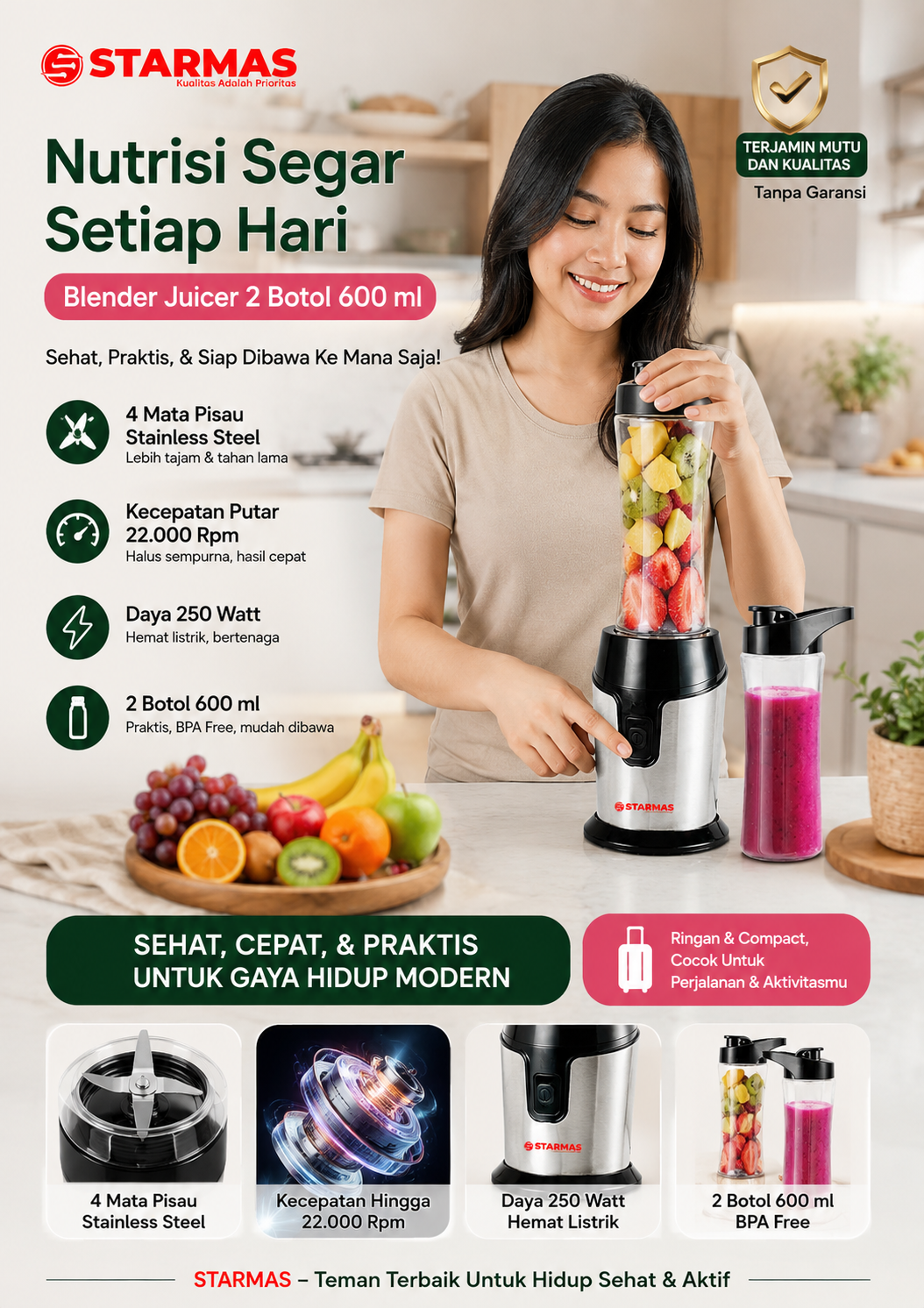STARMAS Blender SB 588  Ready To Go Personal Blender 2 Botol Plastik Tritan lebih awet dan tahan pecah