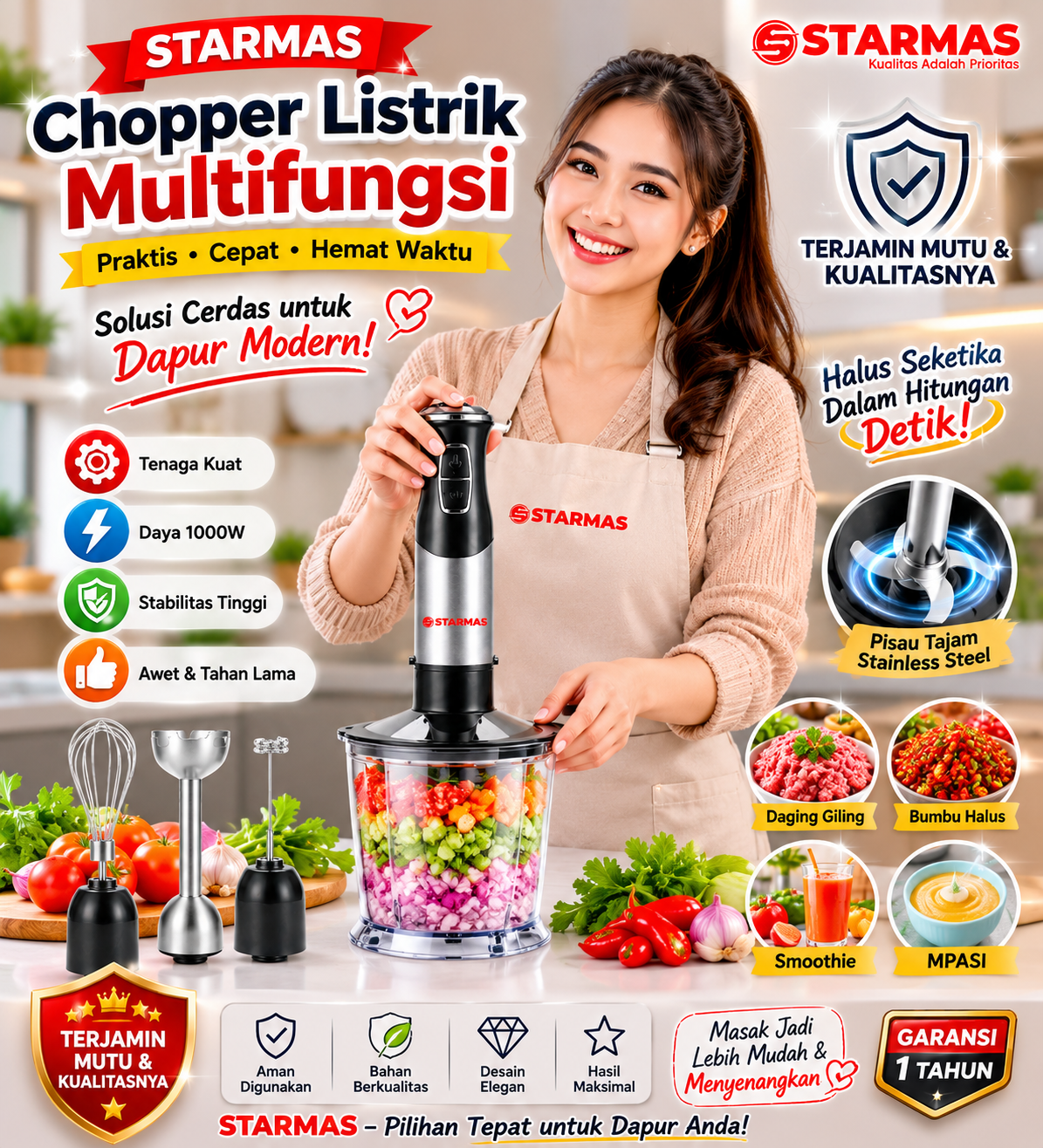 STARMAS Chopper Listrik 5 in 1 – Stepless Speed, Full Copper Motor, Stainless Steel Housing & Blade, Multifungsi Penggiling Daging & Bumbu - Gambar 7