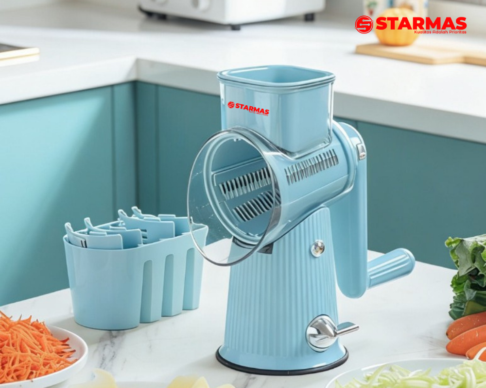 STARMAS Parutan Pengiris Pemotong Putar Buah Sayur dan Bawang Manual 5 Pisau 1 Handel Anti Slip Kualitas Premium Serbaguna Alat Dapur Multifungsi Kitchenware Sayuran Peralatan Plastik - Gambar 11