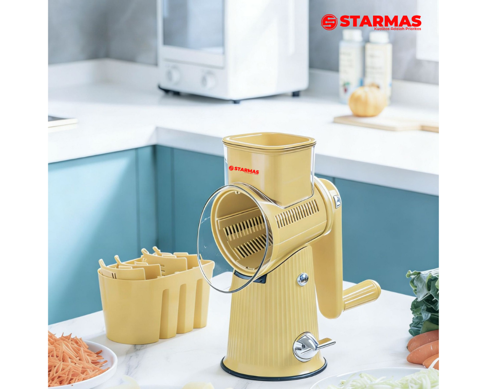 STARMAS Parutan Pengiris Pemotong Putar Buah Sayur dan Bawang Manual 5 Pisau 1 Handel Anti Slip Kualitas Premium Serbaguna Alat Dapur Multifungsi Kitchenware Sayuran Peralatan Plastik - Gambar 12
