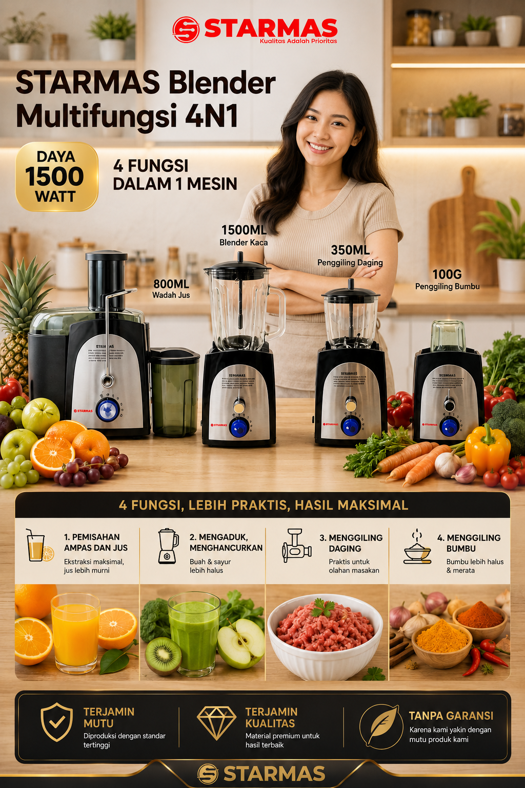 STARMAS Juice Extractor 4 in 1 Blender Chopper Besar dan Kecil Set Lengkap Bahan Gelas Kaca Serbaguna Hemat